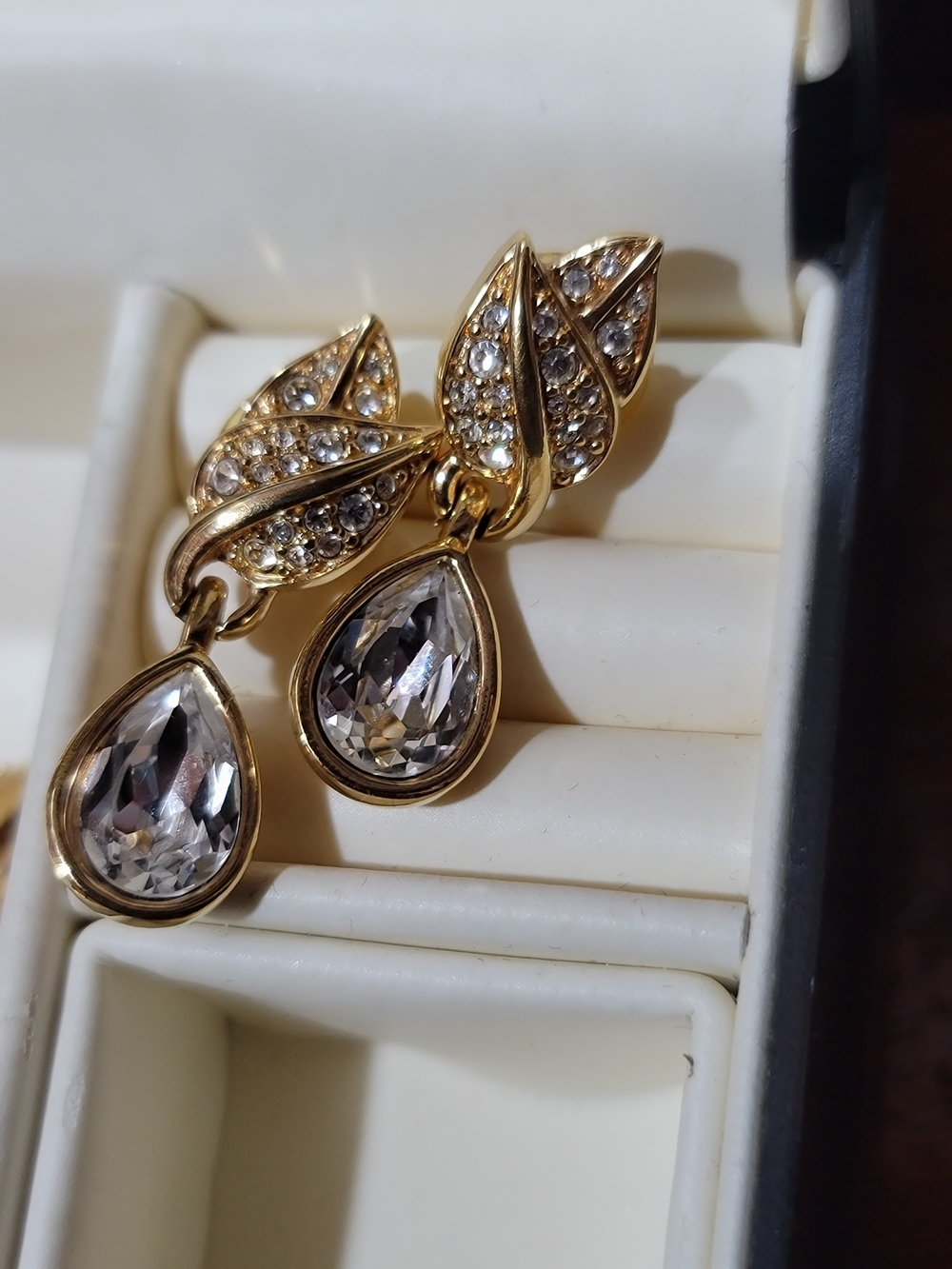 Swarovski Gold Teardrop Crystal Drop Earrings - Clear